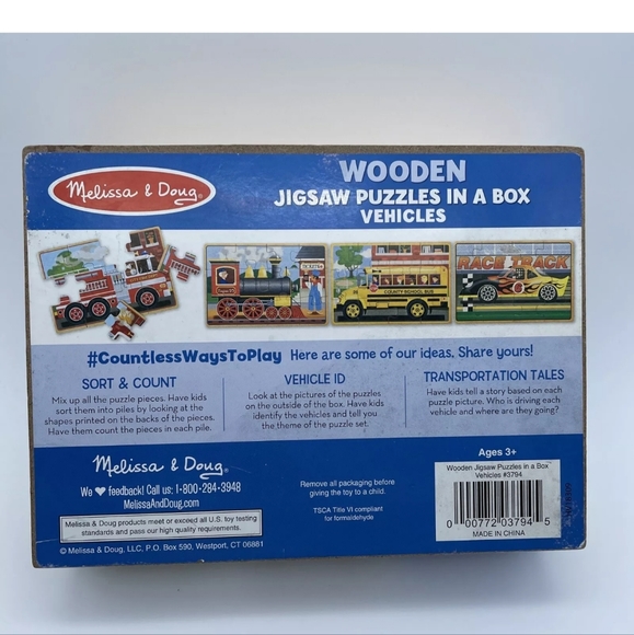 MELISSA & DOUG 4 WOODEN JIGSAW PUZZLES IN A BOX ~ BUS/TRAIN/FIRE/RACER ~ 48 PC. - Picture 1 of 4